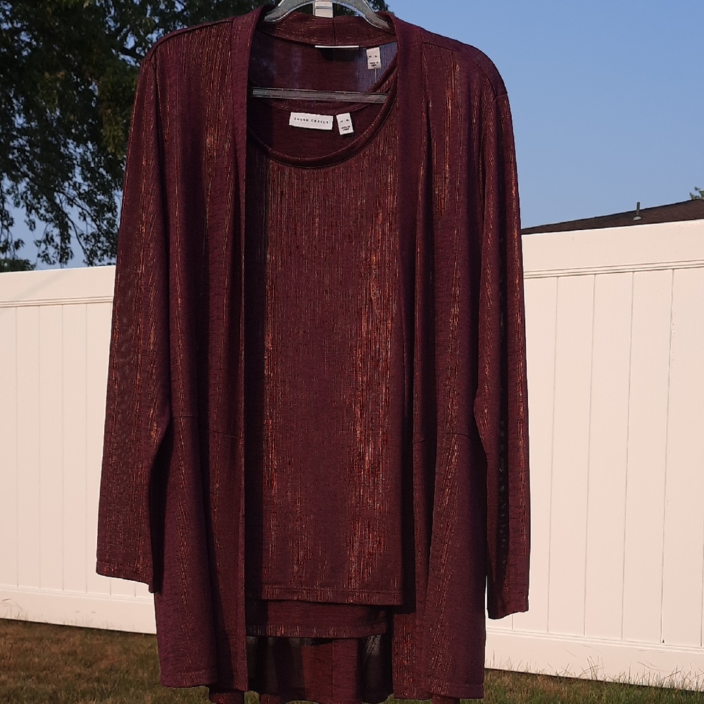 Susan Graver Metallic Burgundy Cardigan Set